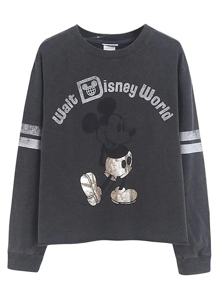 Retro Distressed Sweatshirt Women Mickey Mouse Casual Pullover Tops O Neck Long Sleeve Jumper Streetwear