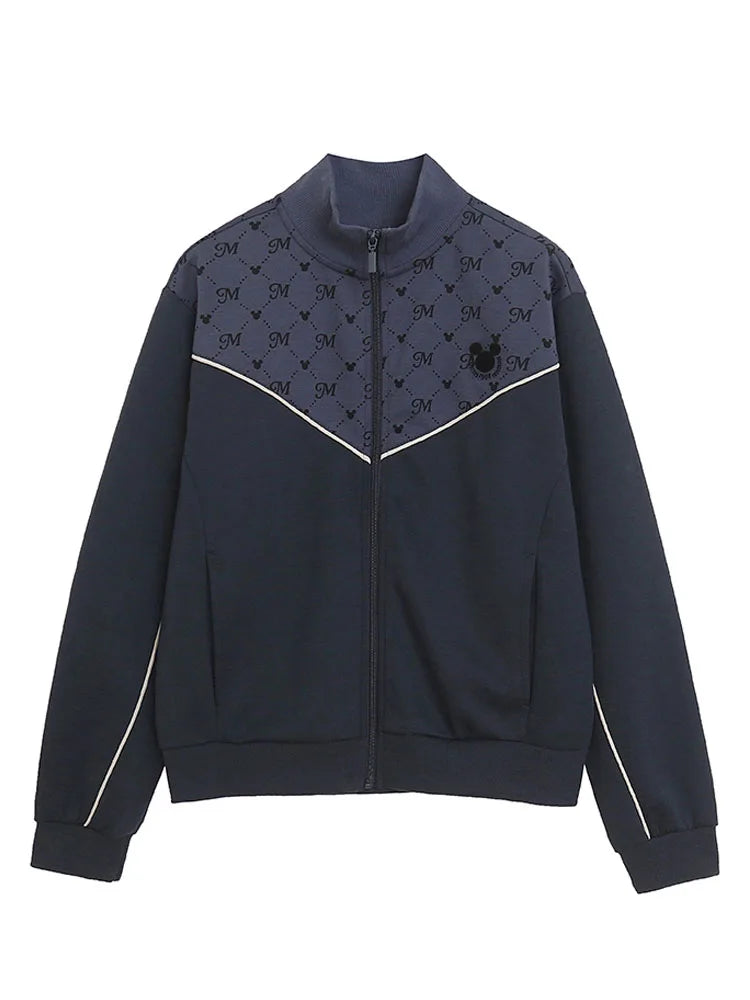 Embroidery Zip Up Sweatshirt Women Casual Stand Collar Bomber Jacket Patchwork Contrast Color Jumper Outwear Top
