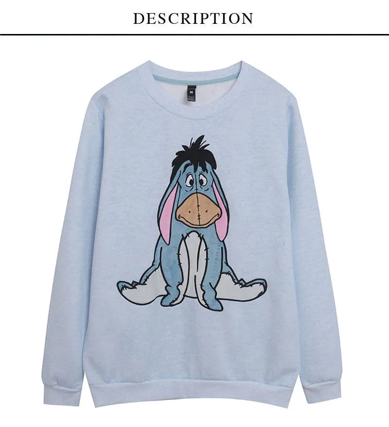 Eeyore Embroidery Fleece Sweatshirt Women O Neck Long Sleeve Casual Pullover Tops Female Cute Cartoon Jumper Streetwear