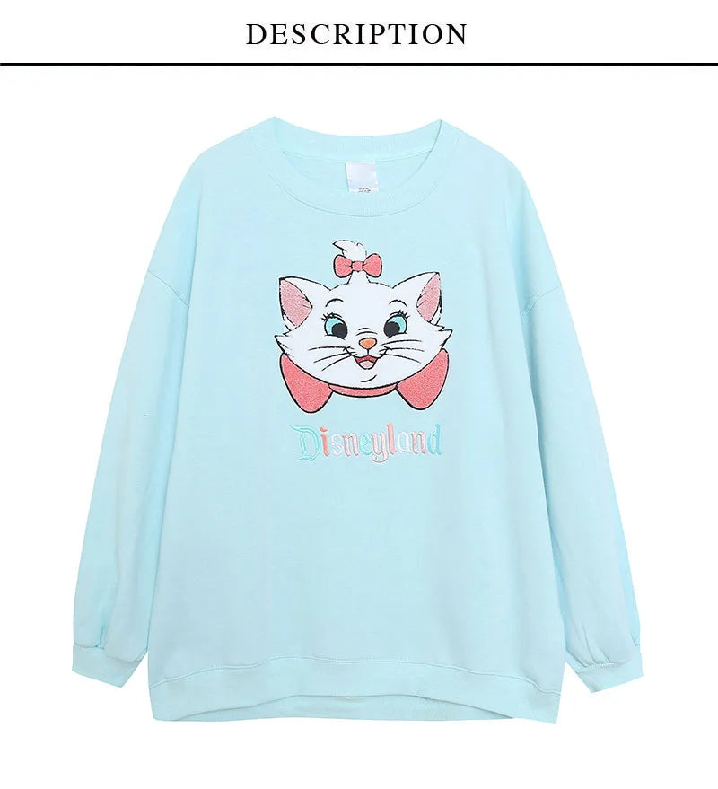 Embroidery Sweatshirt Women Casual Fleece Jumper Marie Cat Cartoon Loose Pullover Top O Neck Long Sleeve