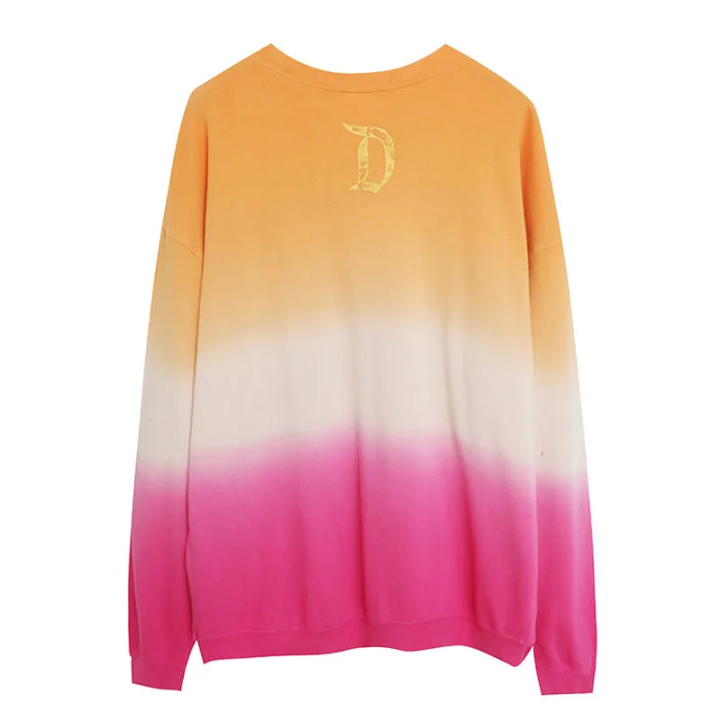 Contrast Color Gradient Sweatshirt Letter Castle Women Casual O Neck Pullover Tops Loose Jumper