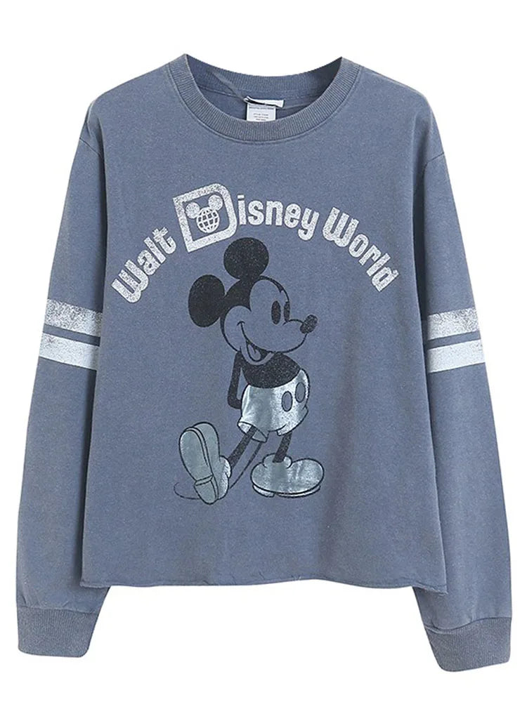 Retro Distressed Sweatshirt Women Mickey Mouse Casual Pullover Tops O Neck Long Sleeve Jumper Streetwear