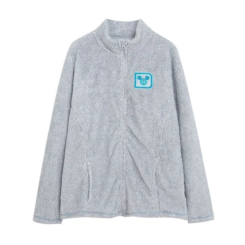 Fleece Zip Up Sweatshirt Women Casual Stand Collar Tops Jacket Embroidery Jumper Femme Streetwear