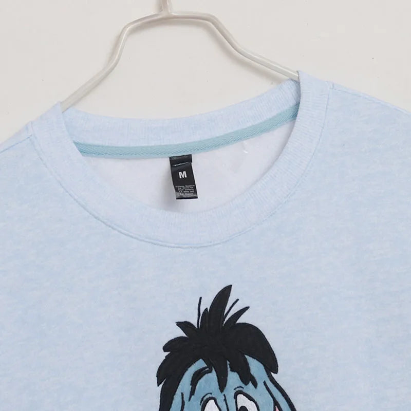 Eeyore Embroidery Fleece Sweatshirt Women O Neck Long Sleeve Casual Pullover Tops Female Cute Cartoon Jumper Streetwear