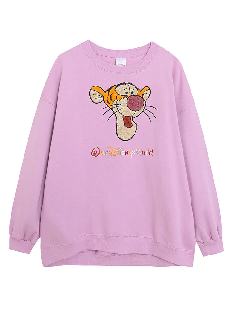 Embroidery Sweatshirt Women Casual Fleece Jumper Tigger Cheshire Cat Cartoon Loose Pullover Top O Neck