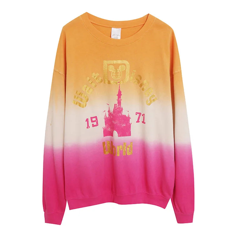 Contrast Color Gradient Sweatshirt Letter Castle Women Casual O Neck Pullover Tops Loose Jumper