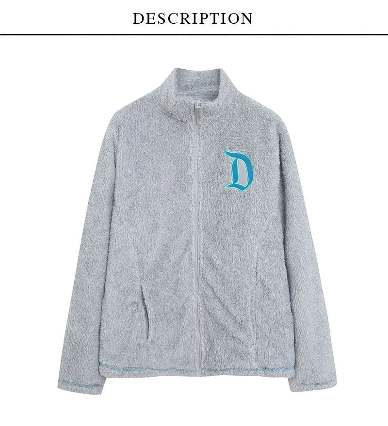 Fleece Zip Up Sweatshirt Women Casual Stand Collar Tops Jacket Embroidery Jumper Femme Streetwear