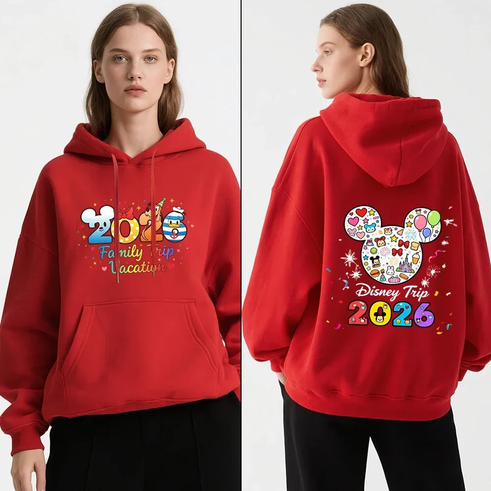 Cute 2026 Family Travel Print Hooded Fleece-Lined Warm Winter Pullover Sweatshirt Casual Jacket Autumn Sweatshirt