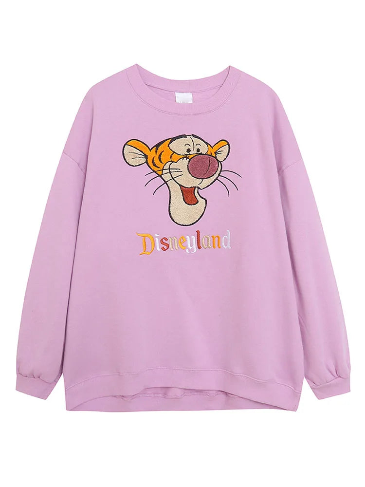 Embroidery Sweatshirt Women Casual Fleece Jumper Tigger Cheshire Cat Cartoon Loose Pullover Top O Neck
