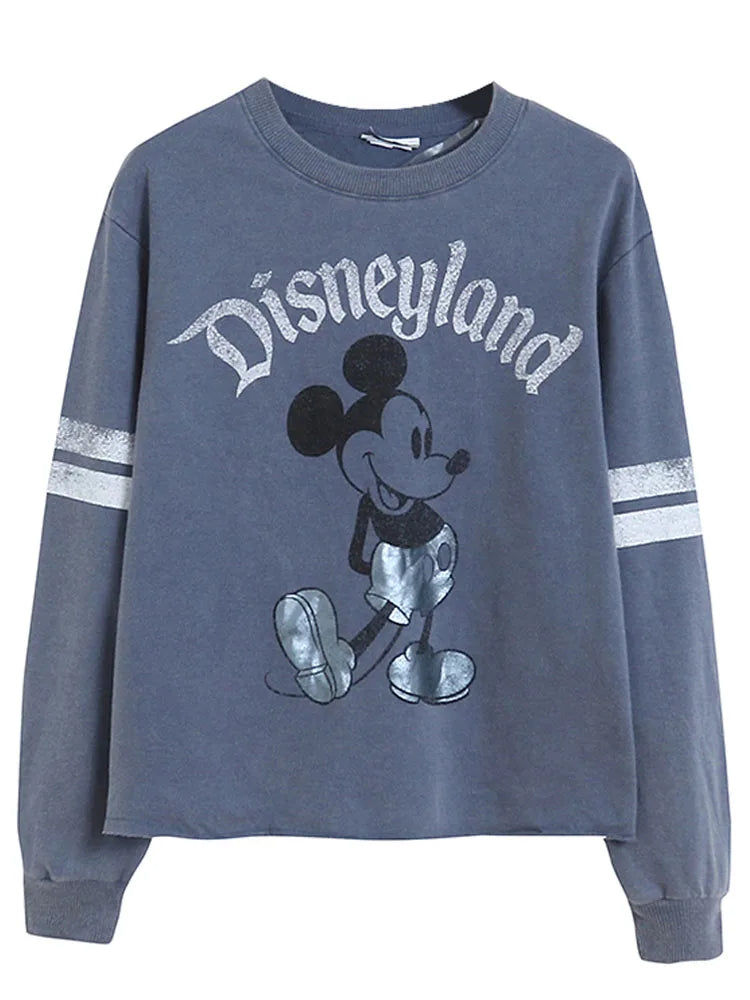 Retro Distressed Sweatshirt Women Mickey Mouse Casual Pullover Tops O Neck Long Sleeve Jumper Streetwear