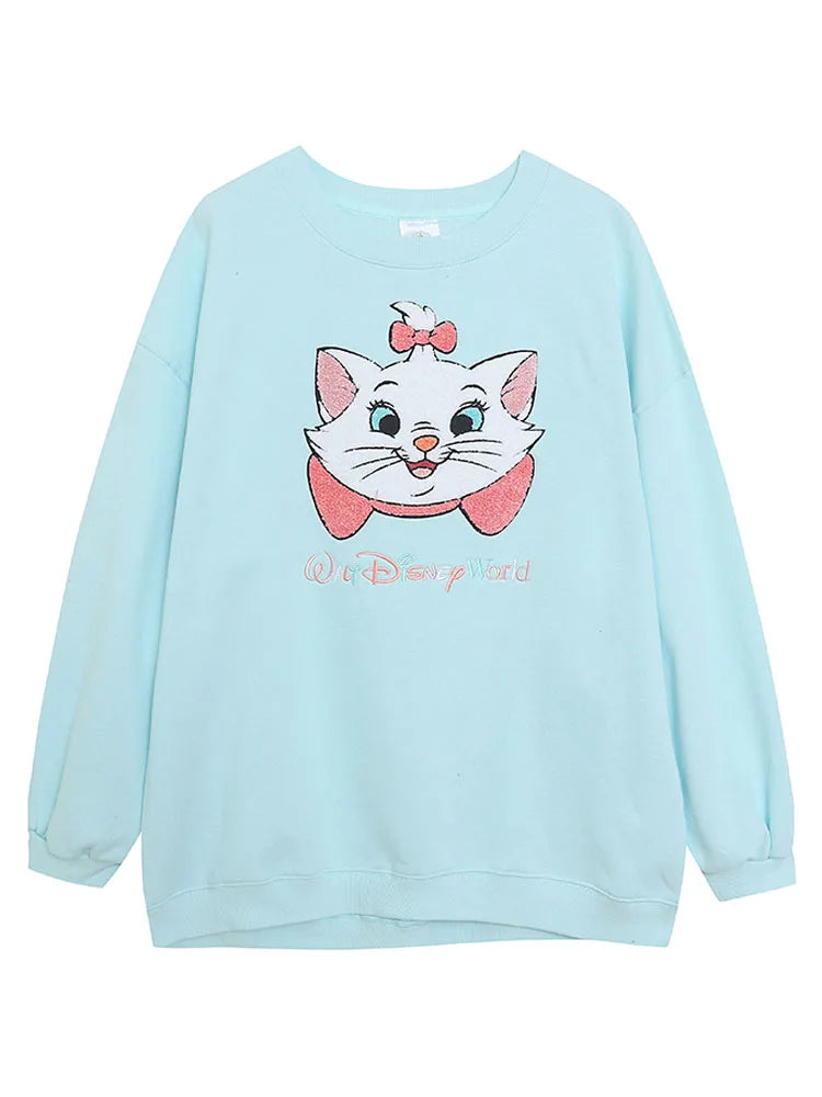 Embroidery Sweatshirt Women Casual Fleece Jumper Marie Cat Cartoon Loose Pullover Top O Neck Long Sleeve