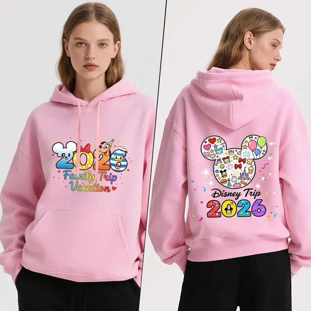Cute 2026 Family Travel Print Hooded Fleece-Lined Warm Winter Pullover Sweatshirt Casual Jacket Autumn Sweatshirt