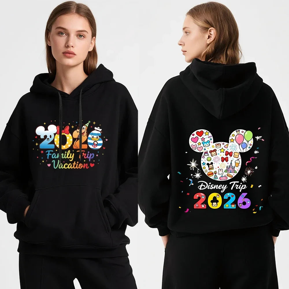 Cute 2026 Family Travel Print Hooded Fleece-Lined Warm Winter Pullover Sweatshirt Casual Jacket Autumn Sweatshirt