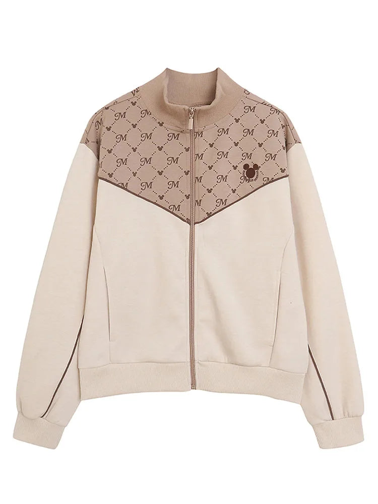 Embroidery Zip Up Sweatshirt Women Casual Stand Collar Bomber Jacket Patchwork Contrast Color Jumper Outwear Top