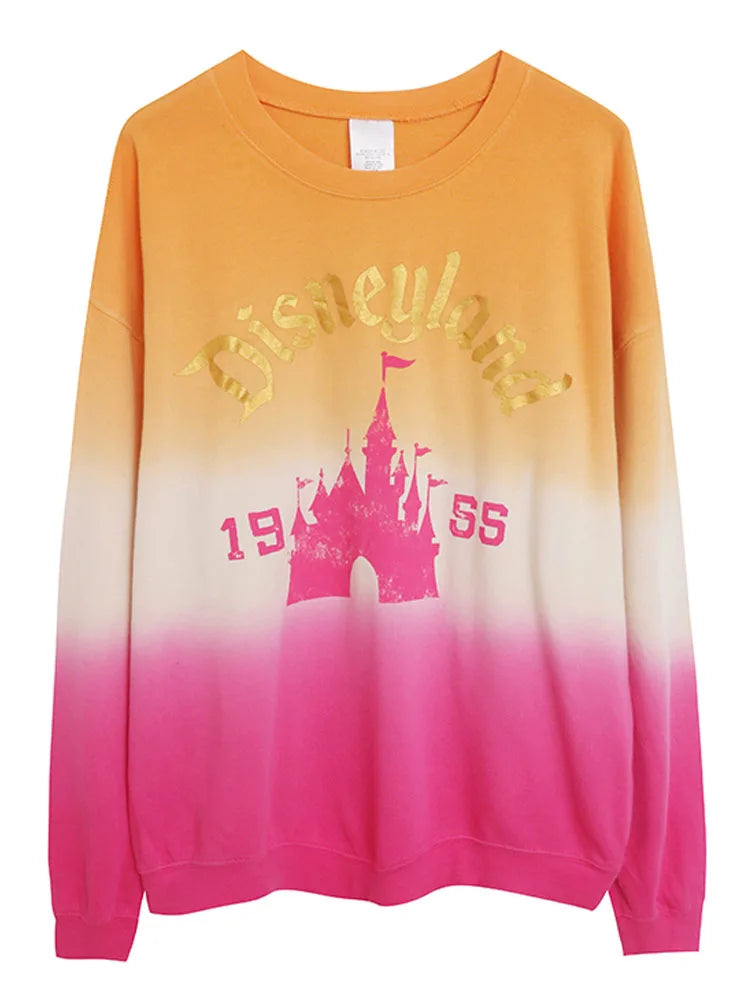 Contrast Color Gradient Sweatshirt Letter Castle Women Casual O Neck Pullover Tops Loose Jumper