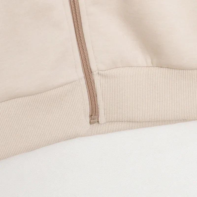 Embroidery Zip Up Sweatshirt Women Casual Stand Collar Bomber Jacket Patchwork Contrast Color Jumper Outwear Top