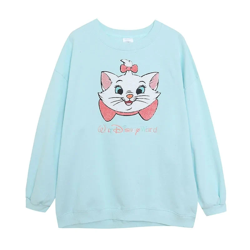 Embroidery Sweatshirt Women Casual Fleece Jumper Marie Cat Cartoon Loose Pullover Top O Neck Long Sleeve