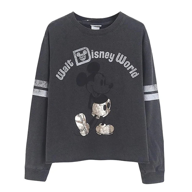 Retro Distressed Sweatshirt Women Mickey Mouse Casual Pullover Tops O Neck Long Sleeve Jumper Streetwear