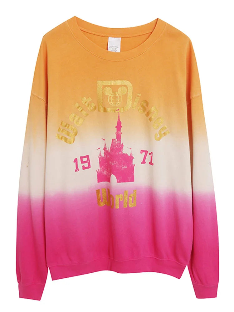 Contrast Color Gradient Sweatshirt Letter Castle Women Casual O Neck Pullover Tops Loose Jumper