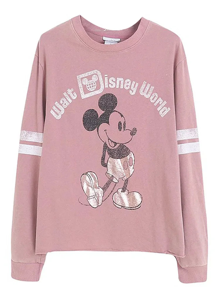 Retro Distressed Sweatshirt Women Mickey Mouse Casual Pullover Tops O Neck Long Sleeve Jumper Streetwear