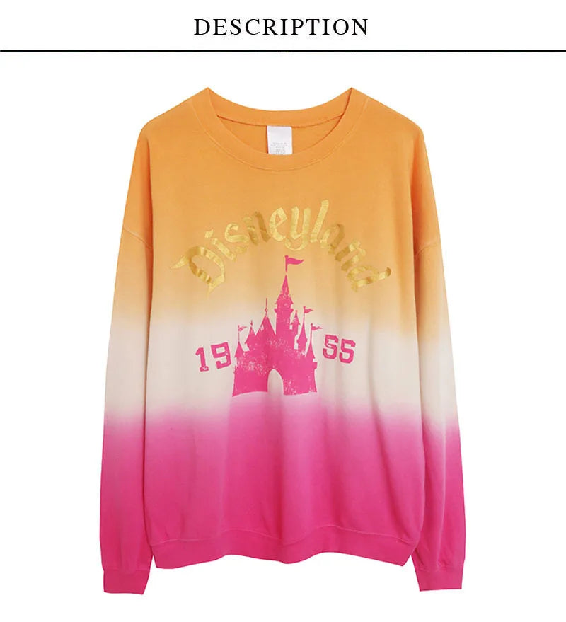 Contrast Color Gradient Sweatshirt Letter Castle Women Casual O Neck Pullover Tops Loose Jumper