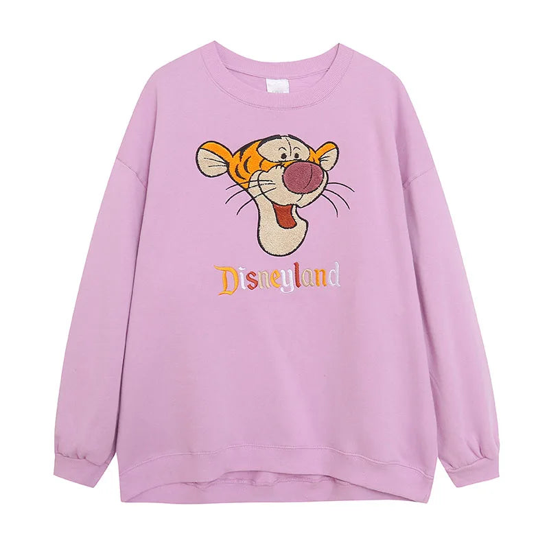 Embroidery Sweatshirt Women Casual Fleece Jumper Tigger Cheshire Cat Cartoon Loose Pullover Top O Neck
