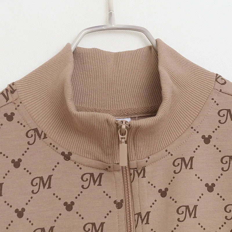 Embroidery Zip Up Sweatshirt Women Casual Stand Collar Bomber Jacket Patchwork Contrast Color Jumper Outwear Top