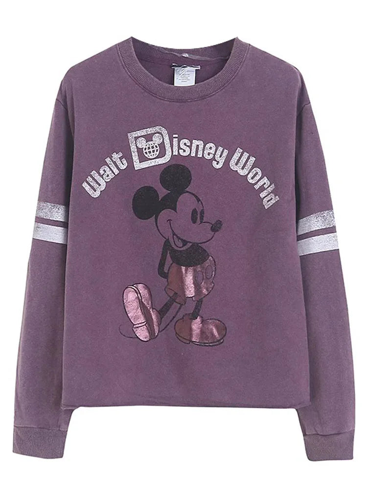 Retro Distressed Sweatshirt Women Mickey Mouse Casual Pullover Tops O Neck Long Sleeve Jumper Streetwear