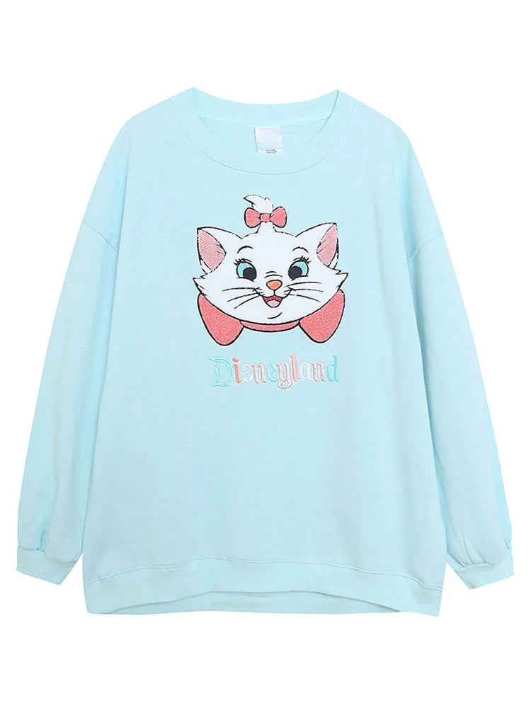 Embroidery Sweatshirt Women Casual Fleece Jumper Marie Cat Cartoon Loose Pullover Top O Neck Long Sleeve