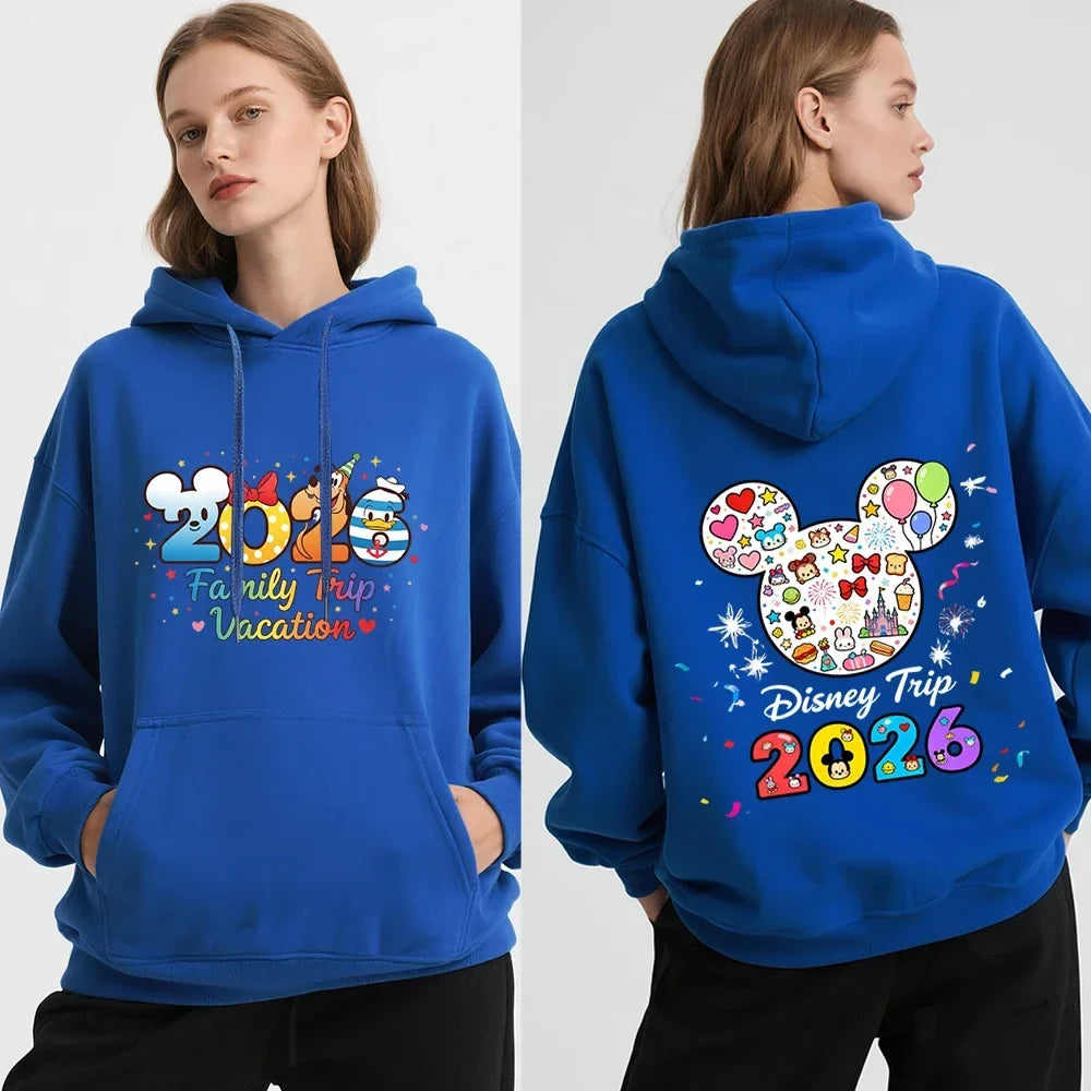 Cute 2026 Family Travel Print Hooded Fleece-Lined Warm Winter Pullover Sweatshirt Casual Jacket Autumn Sweatshirt