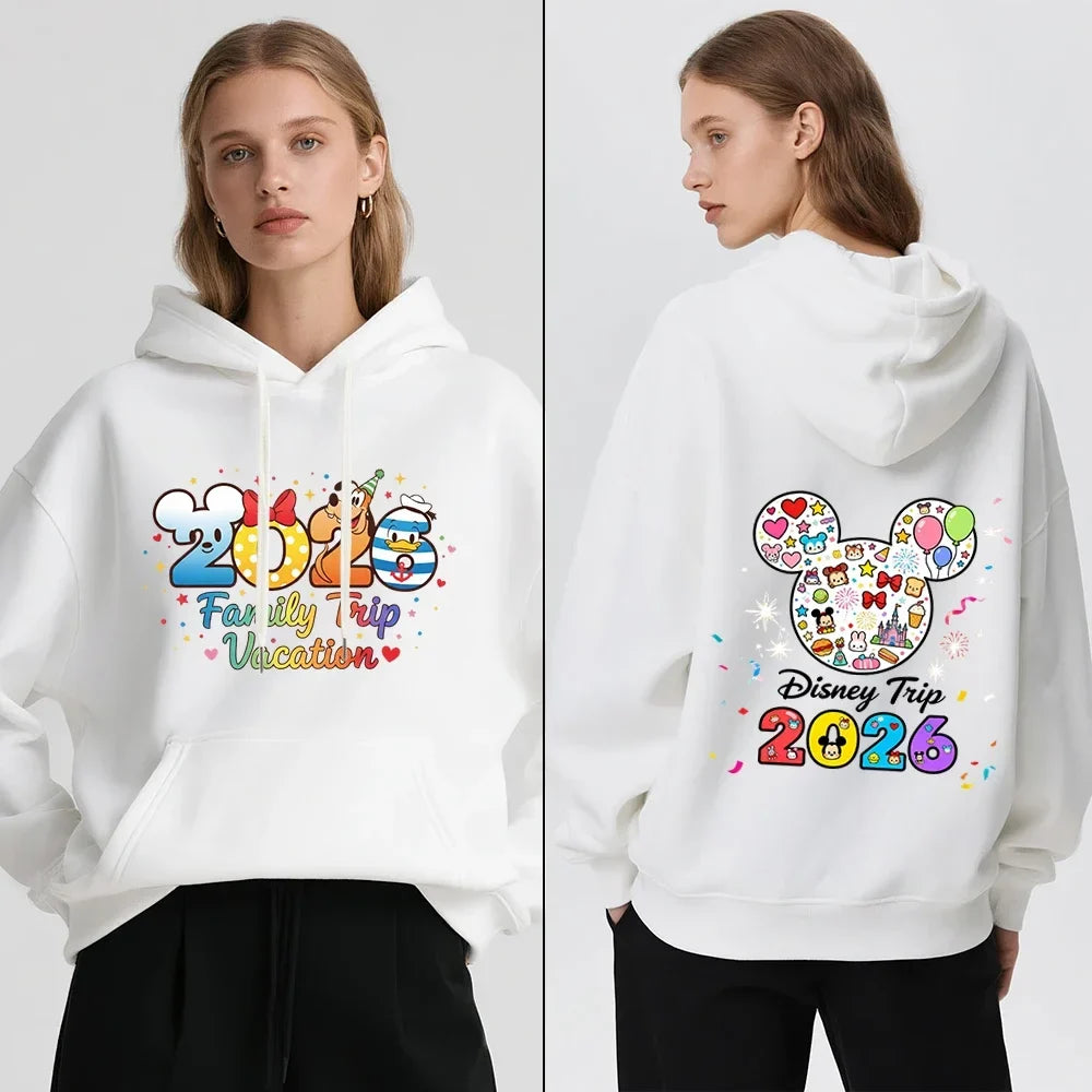 Cute 2026 Family Travel Print Hooded Fleece-Lined Warm Winter Pullover Sweatshirt Casual Jacket Autumn Sweatshirt