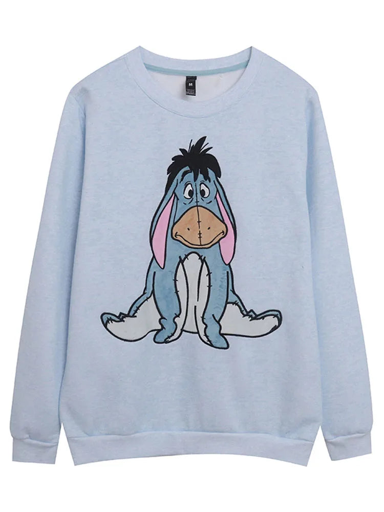 Eeyore Embroidery Fleece Sweatshirt Women O Neck Long Sleeve Casual Pullover Tops Female Cute Cartoon Jumper Streetwear