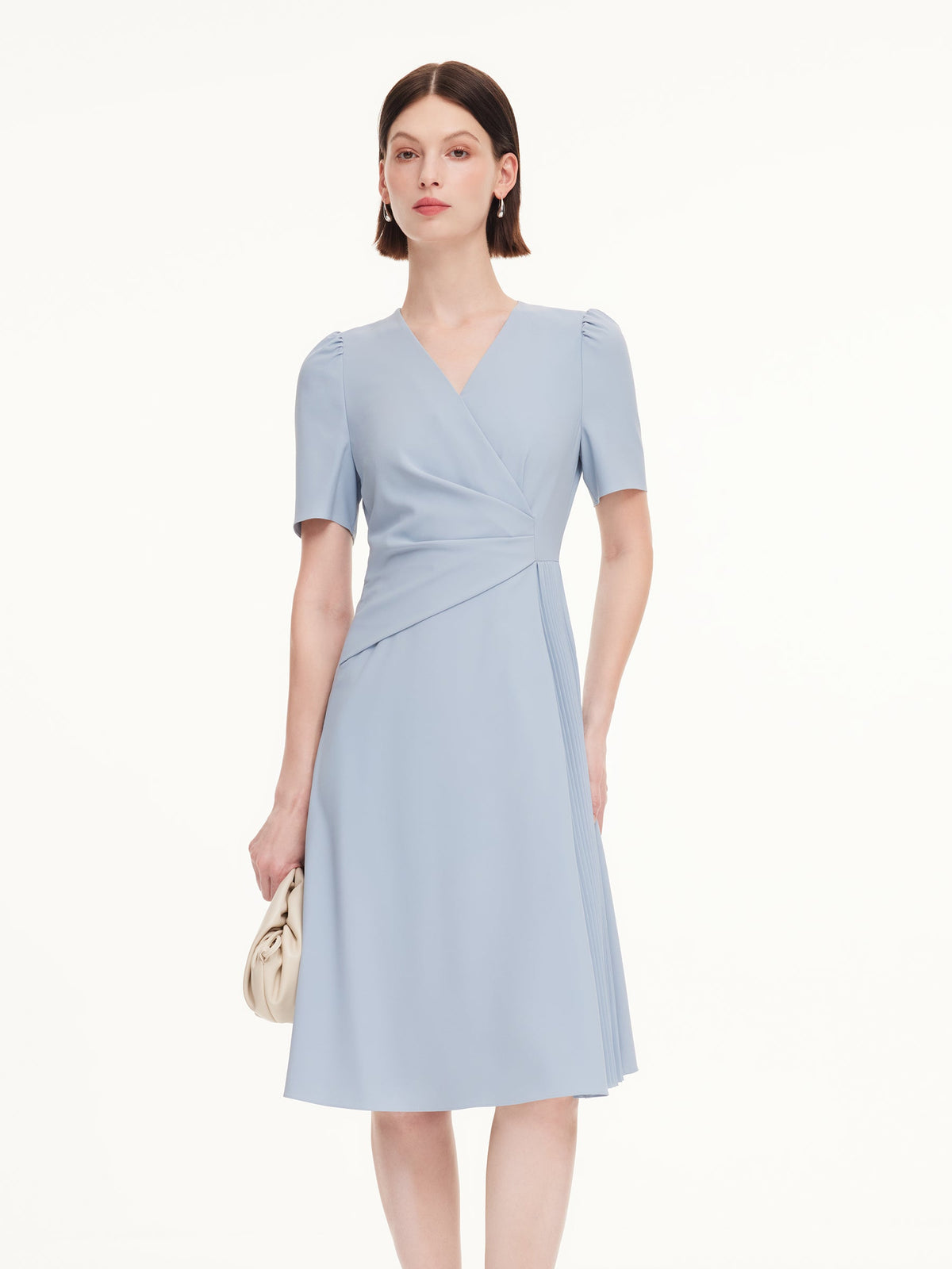 V-Neck Asymmetric Pleated Women Midi Dress