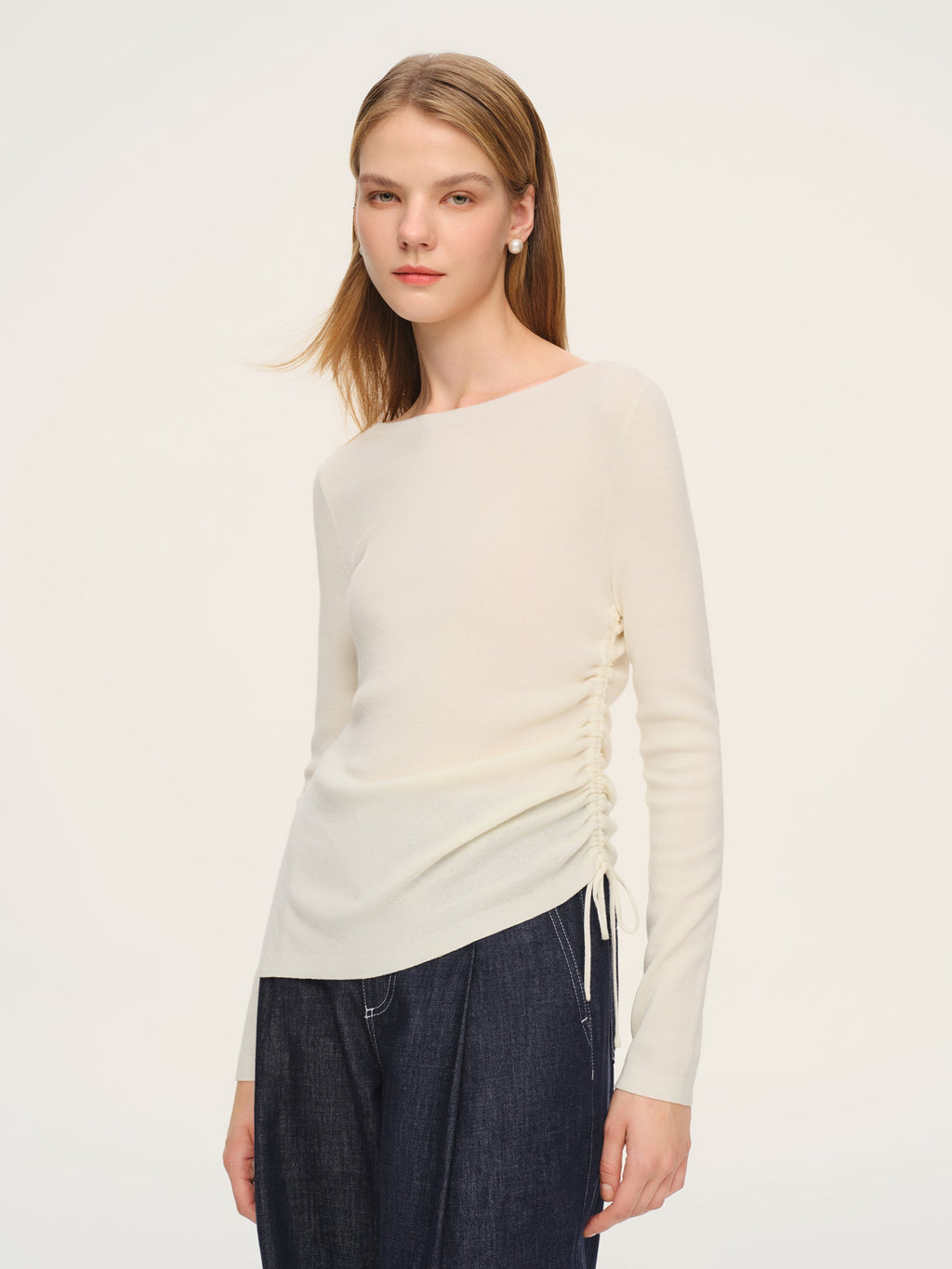 Wool Acetate Blend Boat Neck Side Drawstring Women Knit Top