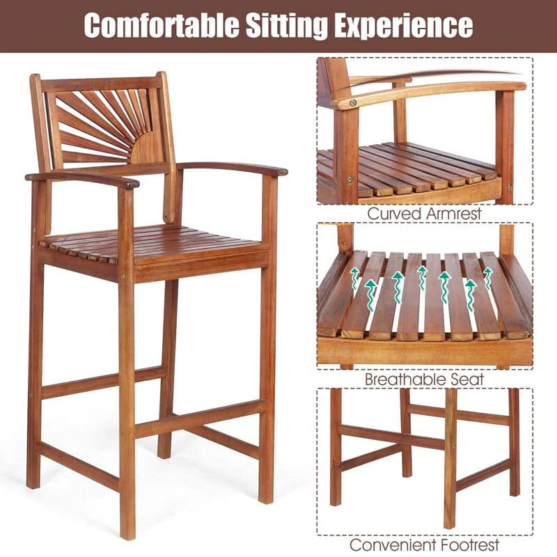 2 Pack Acacia Wood Bar Stools Outdoor Patio Bar Chairs With Sunflower Backrest Amp Curved Armrests - Comfortable And Ergonomic Design