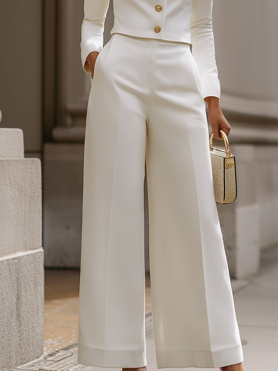 White Cropped Mandarin Collar Blazer & Wide-Leg Pants Set