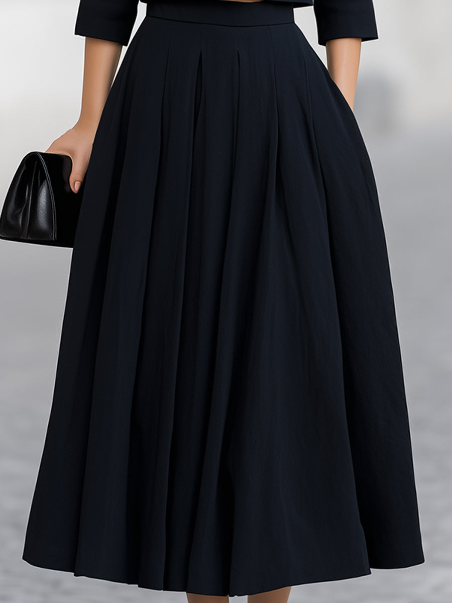 Timeless Black Cropped Blazer & Pleated Midi Skirt Two-Piece Set