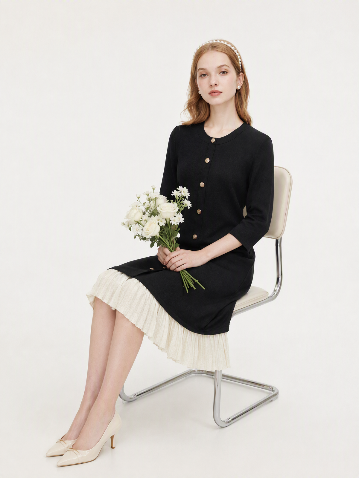 Tencel Blend 3/4 Sleeve Color Block Women Knit Mini Dress