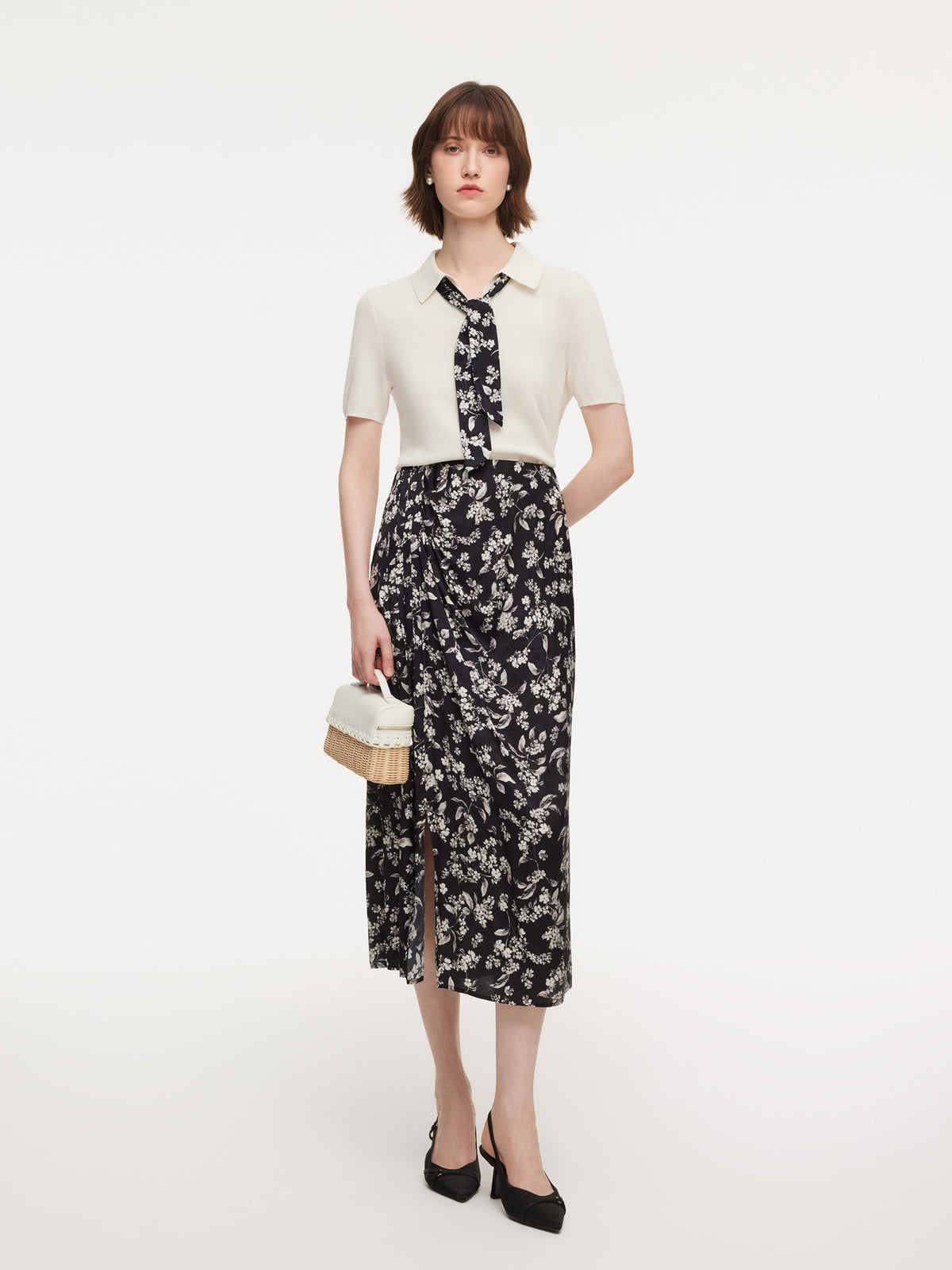 Tencel Blend Women Knit Top With Floral Print Scarf
