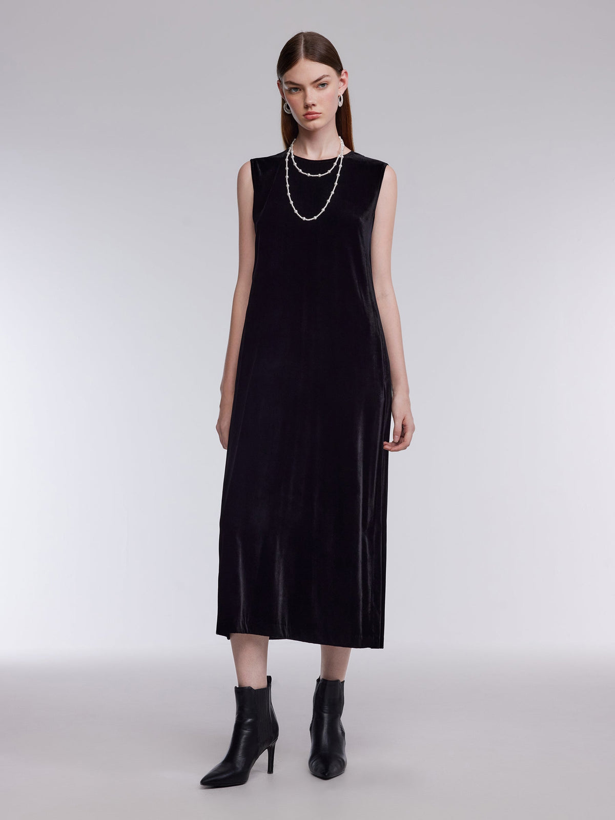 Mulberry Silk Blend Velvet Women Sleeveless Maxi Dress With Belt