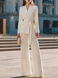 Belted Wrap Blazer & Wide-Leg Tailored Pants Set