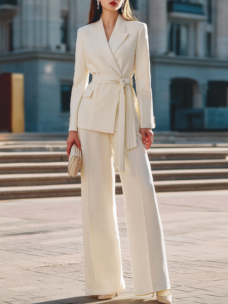 Belted Wrap Blazer & Wide-Leg Tailored Pants Set