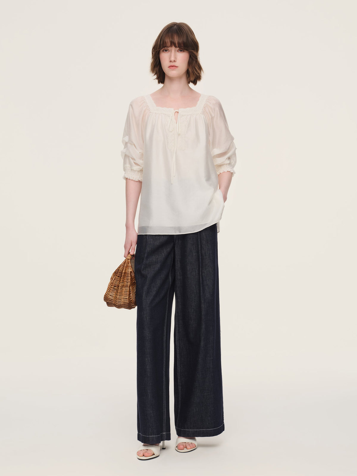 Tencel Blend Embroidered Square Neck Women Blouse