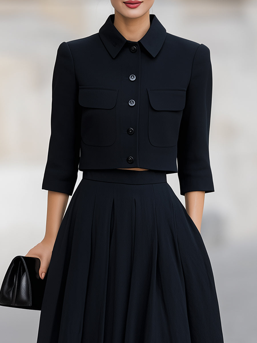 Timeless Black Cropped Blazer & Pleated Midi Skirt Two-Piece Set