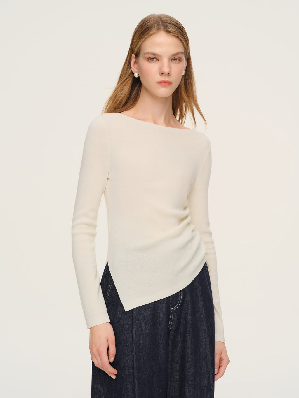 Wool Acetate Blend Boat Neck Side Drawstring Women Knit Top
