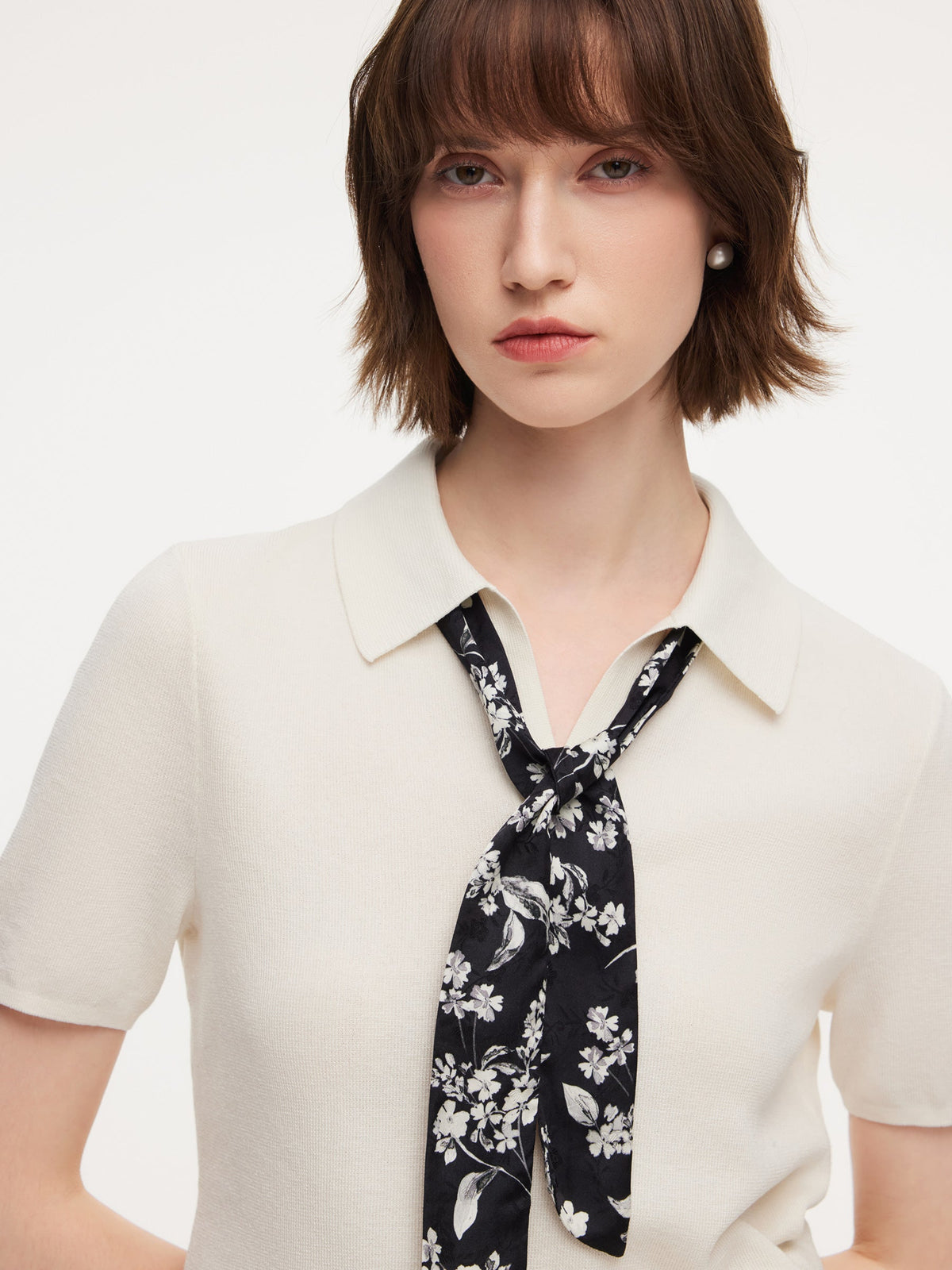 Tencel Blend Women Knit Top With Floral Print Scarf