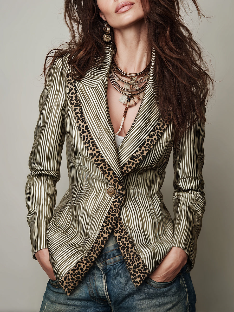 Retro Striped And Leopard Print Lapel Slim-fit Blazer