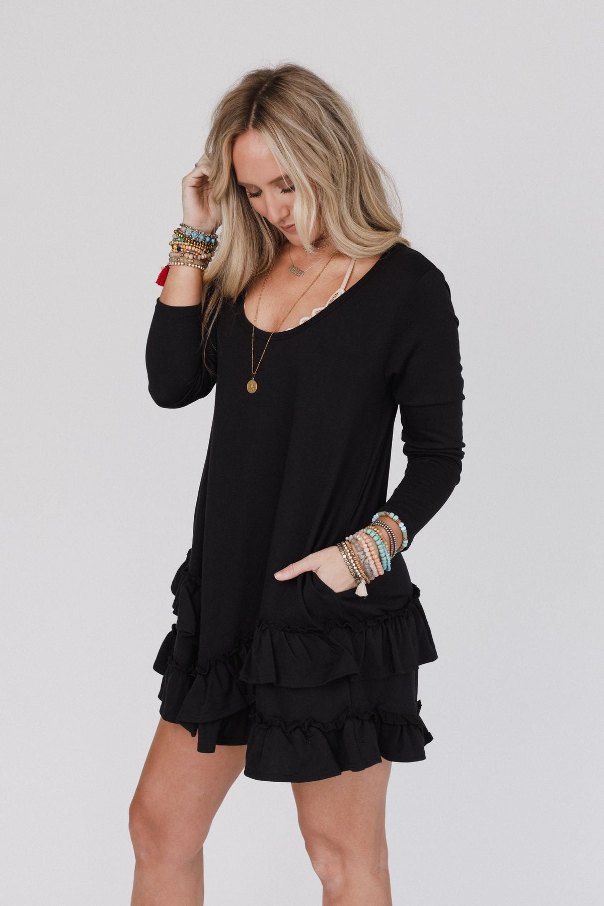 The Nest Constance Ruffle Hem Long Sleeve Dress - Black - Pre Order