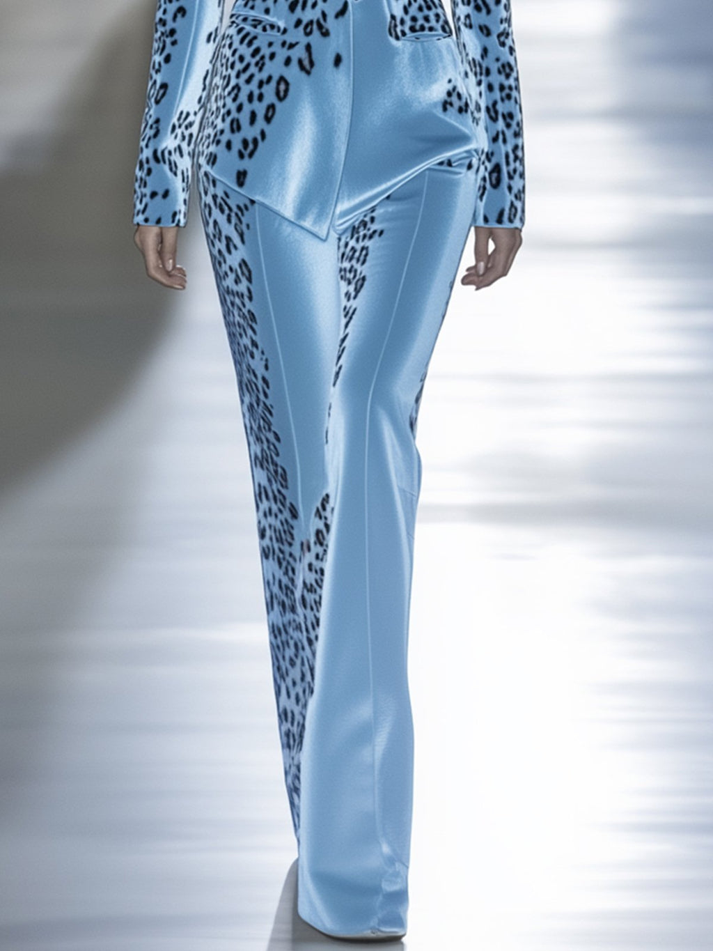 Sky Blue Velvet Leopard Print Blazer And Pants Suit
