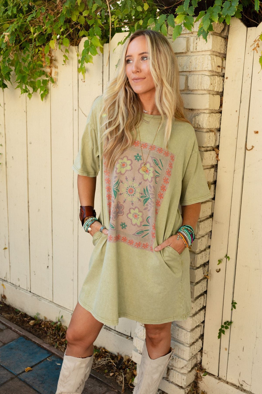 Fall Blossoms Tee Dress - Sage - Pre Order